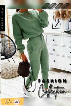 Plain Long Sleeve Top & Drawstring Pants Set Green Fall Leisure Bottoms, Drawstring Pants For Winter Lounging, Winter Drawstring Pants For Lounging, Casual Sets With Long Pants For Fall, Casual Fall Sets With Long Pants, Green Drawstring Pants For Fall, Green Drawstring Bottoms For Fall, Fall Leisure Pants With Drawstring, Green Leisure Pants For Fall