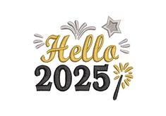 the word hello 2057 with fireworks and stars in gold, black and silver on a white background