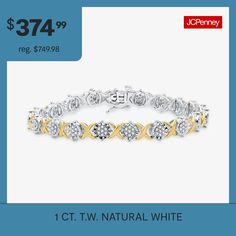 Diamond Clarity: I3Jewelry Closure: Box ClaspLink Construction: SolidSetting: ProngStone Cut: RoundDiamond Color: I-JMetal Color: Two ToneChain Length: 7 1/2 InchChain Width: 7.2 MillimetersRounded Carat Weight: 1 Ct. T.w.Care: Wipe CleanStone Type: 140 Natural DiamondAuthenticity: Natural DiamondBirthstone: April BirthstoneBracelet Type: Tennis BraceletsMetal: 14k Two Tone Gold Over SilverCountry of Origin: Imported White Diamond-accented Tennis Bracelet As Gift, White Diamond Accents Tennis Bracelet As Gift, White Tennis Bracelet With Diamond Accents As Gift, White Diamond Bracelet With Diamond Accents Fine Jewelry, White Diamond Bracelet With Diamond Accents, Fine Jewelry White Diamond Bracelet With Accents, White Diamond Jubilee Bracelet For Anniversary, White Gold Bracelet With 17 Jewels, White Brilliant Cut Diamond Bracelet As Gift