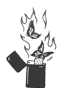 a black and white drawing of a lighter with fire coming out of it's top