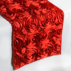 14x108inch Red Grandiose 3D Rosette Satin Table Runner Satin Table Runner, Ribbon Rosettes, Rose Centerpieces, Floral Table Runner, Chair Sashes, Table Runners Wedding, Red Table, Ribbon Roses, Elegant Red