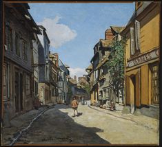 a painting of a person walking down a street in an old european town with tall buildings