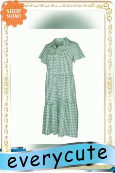 Light Green Plaid Print Button Shirt Casual Dress Casual Dress With Button Closure For Picnic, Casual Dresses With Button Closure For Picnic, Casual Dress With Button Closure For Picnics, Casual Summer Midi Dress With Covered Buttons, Collared Shirt Dress With Covered Buttons For Summer, Plaid Button Dress For Day Out, Plaid Button Dresses For Day Out, Casual Green Midi Dress For Picnic, Casual Button-up Midi Dress