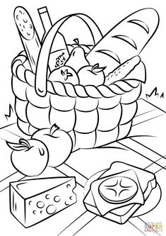 a basket full of food with cheese and bread on the table coloring pages for kids