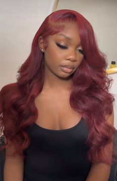 Red Wig Side Part With Curls, Lace Front Wigs On Dark Skin, Dark Red Lace Front Wig, Wig Colors For Brown Skin, Burgandy Wig Hairstyles For Black Women, Bodywave Lacefront Wig Hairstyles, Y2k Music Aesthetic, Burgundy Wig Hairstyles, Lacefront Wig Styles