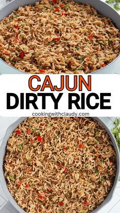 cajun dirty rice in a pan with text overlay