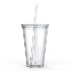 a plastic cup with a straw in it on a white background, the glass is half empty and half full