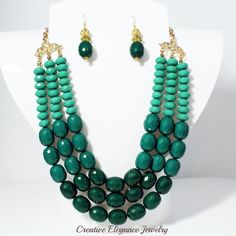 Beaded, Green, Multi-Layered Color-Blocked, Necklace & Earrings Set | Creative Elegance Jewelry Luxury Green Double Strand Beaded Necklaces, Handmade Green Multi-strand Beaded Necklace, Green Multi-strand Beaded Necklaces With Large Beads, Green Multi-strand Necklace With Colorful Beads, Pear Shaped Diamond Necklace, Luxury Green Multi-strand Beaded Necklaces, Layered Beaded Necklaces, Homemade Necklaces, Jewlery Necklace