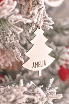 an ornament hanging from the top of a christmas tree with snow on it