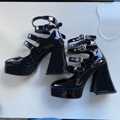 Super Cute And Chunky Gothic Kawaii Boots. Comes In Shiny/Matte And Black/ Pink So You Can Choose Accordingly To Your Aesthetic You’re Going For! The Platforms Are 2.5” High And The Heels Are About 5” High. Ships With Usps Priority Since Its Two Pounds #Demonia #Platforms #Boots #Heels #Chunky Trendy High Heel Shoes, Trendy High Heels For Alternative Fashion, Trendy High Heel Shoes For Alternative Fashion, Trendy High Heel Heels For Alternative Fashion, Black Heels For Spring Concert, Black Chunky Platform Heels Alternative Style, Black Chunky Platform Heels In Alternative Style, Black Punk Heels For Concerts, Black Platform Heels Grunge Style