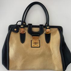 Vintage Miu Miu Linen And Leather Satchel With Rose Gold Hardware Slightly Worn But Good Condition! Vintage Miu Miu, Miu Miu Bag, Bags Vintage, Rose Gold Hardware, Michael Kors Hamilton, Leather Satchel, Black Tan, Black And Tan, Miu Miu