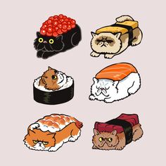 an assortment of sushi with cats and dogs