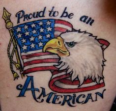 an american flag and eagle tattoo on the back of a woman's thigh, with words proud to be an american