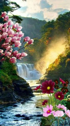 a painting of pink flowers in the foreground and a waterfall in the back ground