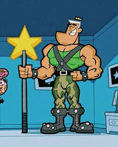 an animated cartoon character holding a star and standing next to another character in a room