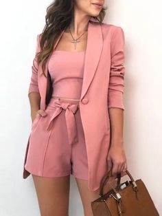 Spring and Summer Solid Color Vest Suit Jacket Fashion Temperament High Waist Shorts Three-piece Women's Dress Pink Shorts 3 Piece Suit Women, Blazer E Short, Celana Fashion, Pant Suits For Women, Womens High Waisted Shorts, Tie Waist Shorts, Office Outfits Women, Vest Blazer, Blazer Set