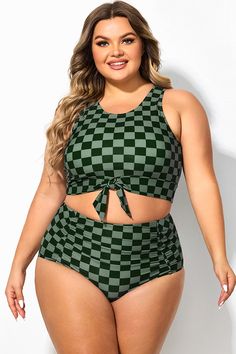 Plus Size Green Check Knotted Crop Bikini Top Underwire One Piece, Buy List, Plus Size Swim, S Hook, Tankini Set, Stylish Plus, Summer 24, Plus Size Swimsuits, Swimsuits For All