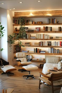 a living room filled with lots of furniture and bookshelves on top of shelves