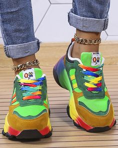 Multicolor Synthetic Lace-up Sneakers, Multicolor Lace-up Sneakers For Jogging, Sporty Color Block Sneakers With Round Toe, Yellow Color Block Lace-up Sneakers, Color Block Low-top Synthetic Sneakers, Trendy Green Sneakers, Color Block Lace-up Synthetic Sneakers, Multicolor Low-top Sneakers With Laces, Green Lace-up Platform Sneakers For Spring