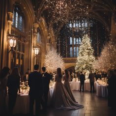 a bride and groom are standing in front of a christmas tree at the great hall