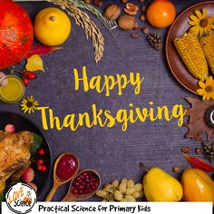 happy thanksgiving written in yellow on a black background surrounded by fruits, vegetables and other foods