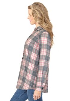 <div>This cotton flannel is brushed to perfection for cozy comfort. A collar, button cuffs and button front add to the classic appeal. Made in a perfect tunic</div> Collared Shirt For Fall Loungewear, Collared Shirt For Loungewear In Fall, Fall Shirt With Button Closure For Daywear, Fall Daywear Shirt With Spread Collar, Spread Collar Shirt For Daywear In Fall, Fall Daywear Shirt With Button Cuffs, Fall Daywear Blouse With Roll-up Sleeves, Cotton Button-up Flannel Shirt For Daywear, Fall Shirt With Buttons And Shirttail Hem