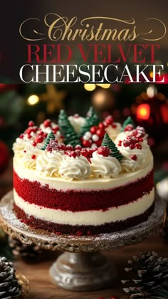 christmas red velvet cheesecake on a cake plate