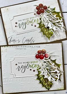 two christmas cards with holly and berries on them