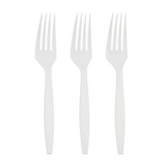 three forks with white plastic handles on a white background