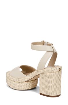 A woven platform and chunky block heel lend a boho-inspired aesthetic to an eye-catching sandal secured with an adjustable strap at the ankle. 4" heel; 1 1/4" platform Adjustable ankle strap with buckle closure Leather or textile upper/synthetic lining/rubber sole Imported Beige Synthetic Wedge Sandals With Chunky Platform, Beige Wedge Sandals With Chunky Platform, Beige Ankle Strap Sandals With Chunky Platform, Beige Chunky Platform Wedge Sandals, Beige Platform Sandals In Synthetic Material, Beige Chunky Platform Wedge Sandals For Summer, Beige Synthetic Platform Sandals, Beige Sandals With Chunky Platform And Block Heel, Beige Chunky Platform Sandals In Synthetic