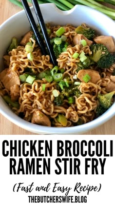 chicken broccoli ramen stir fry in a white bowl with chopsticks