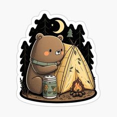 a brown bear sitting in front of a tent next to a campfire sticker