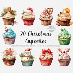 20 christmas cupcakes watercolor clipart