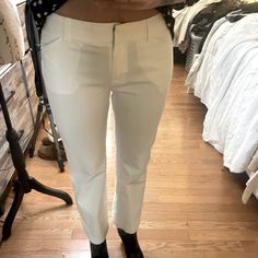 Trouser/Slacks Fit About Mid Rise. I Am 5‘2“ And Have About A 3 Heel Bootie On So They Are Longer If You’re Sure You Will Need To Wear Heels. They The Christy Fit So They Fit Nice Around Waist And Hips But Do Give A Little More Room In The Legs. Never Worn Great Condition White Fitted Straight Leg Work Pants, Classic Fitted Jeans, Fitted Mid-rise Dress Pants With Pockets, Classic Mid-rise Work Pants For Spring, Classic Mid-rise Work Pants, Fitted White Straight Leg Bottoms, White Fitted Straight Leg Bottoms, Fitted White Casual Work Pants, Fitted Straight Leg Work Pants For Spring