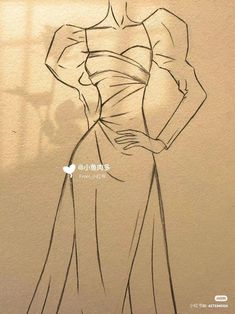 a drawing of a woman in a long dress with her hands on her hips,