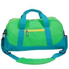 a bright green duffel bag with blue straps