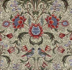 an intricately designed wallpaper with birds and flowers in red, blue, green and white