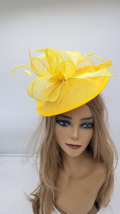 Elegant Yellow Fascinator! Classic style to go with a variety of outfits: bridesmaids,  cocktail party,  Kentucky Derby, Rehearsal dinner, Easter and church outfits.  Ones with hair clip and headband.  - Rare find - Lightweight  - Ready to ship - Fast Shipping - Free Shipping - Group discount available - Customize by adding different color flowers and or feathers - Headband and Hair clip  CHECK OUT MY STORE FOR OTHER STYLES & COLORS: etsy.com/shop/Hatsandpearls Find more at my website for more s High-end Yellow Mini Hat For Kentucky Derby, Fitted Wedding Fascinator For Carnival, Adjustable Fascinator For Church And Carnival, Elegant Wedding Fascinator For Carnival, Elegant Mini Hats For Wedding And Carnival, Fitted Headpieces For Kentucky Derby And Parties, Wedding Carnival Fascinator, Fitted Party Hat Headpiece, Fitted Costume Hat With Curved Brim For Party