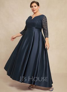 A-Line V-neck Ankle-Length Satin Lace Mother of the Bride Dress With Beading (008269042) - JJ's House Graduation Dress Designs, Wedding Mother Of The Groom, Lace Maxi Dresses, Kurta And Pants, Dresses Outfit Ideas, Kitenge Fashion, Plus Size Wedding Guest, Plus Size Wedding Guest Dresses