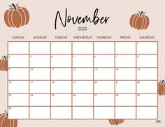 a november calendar with pumpkins on the front and bottom, in black lettering that says november