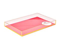 a pink and yellow tray with a white sticker on the bottom that says,