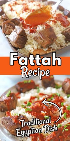 two plates with different types of food on them and the words, fattah recipe traditional egyptian dish