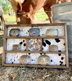 Made to Order Belt Buckle Display Shelf, handcrafted and built by my Husband and I here at Rockin' H Farms in Southwest Arkansas.  Belt Buckles NOT Included!  10-12 Belt Buckle Display Shelf. Perfect for freestanding or hanging to display your champions hard work and dedication. This buckle display is made with plywood as the backing with genuine cowhide, and standard lumber for the trim. This shelf has a 4 5/8" x 4 3/4" slot in the middle for laser engraving customization. This can include: Names, brand logo, rodeo clipart (bull riding, barrel racing, roping, etc the possibilities are endless (*additonal fees apply). Each shelf is uniquely handmade. This shelf can be fully customizable to your liking including larger sizes for more buckles, etc (*additional fees apply!) Please message us Belt Buckle Organizer, Buckle Case Display, Buckle Display Case, Belt Buckle Display, Buckle Holder, Belt Organizer, Custom Leather Work, Western Rooms, Hidden Colors