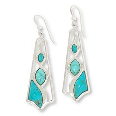 Jay King Sterling Silver Chilean Turquoise Drop Earrings  These handcrafted, sterling silver earrings showcase beautiful Chilean turquoise stones set into an elongated, open design. From Jay King.       Approx. 2-1/2"L x 11/16"W     Stamped .925     Pierced with wire backs     Sterling silver earrings have elongated, open-style drops each with two marquise-shaped and one freeform bezel-set turquoise stones   Stone Information       All sizes and weights approximate     Stabilized Turquoise - Fre Teardrop Turquoise Nickel-free Hoop Earrings, Western Turquoise Nickel-free Earrings, Turquoise Nickel-free Southwestern Teardrop Earrings, Artisan Turquoise Nickel-free Earrings, Nickel-free Sterling Silver Turquoise Chandelier Earrings, Turquoise Drop Earrings, Color Bands, Benefit Cosmetics, Turquoise Stones