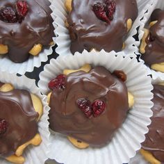 chocolate covered cookies with raspberries in paper cups