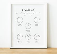 a white framed print with the words family and clock faces in black on a wooden shelf