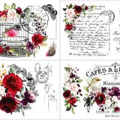 four postcards with flowers and birdcages on them, all in different designs