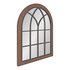 the arched window is made from wood and has glass panels on each side, along with a mirror