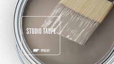 a paint can with the words studio taupe painted on it next to a brush