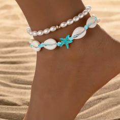 2pcs Boho Chic Beach Anklet Set With Starfish & Natural Shell Accents Perfect For Vacation & Everyday Wear Beachwear Beachy Cute Starfish Anklets For Summer Vacation, Blue Beach Anklets, Summer Vacation Starfish Anklets, Starfish Anklets For Beach Season, Blue Anklets For Beach Season, Blue Strand Anklets For Summer, Casual Blue Anklet For Beach Season, Ocean-inspired Summer Beach Anklets, White Starfish Anklets For Beach